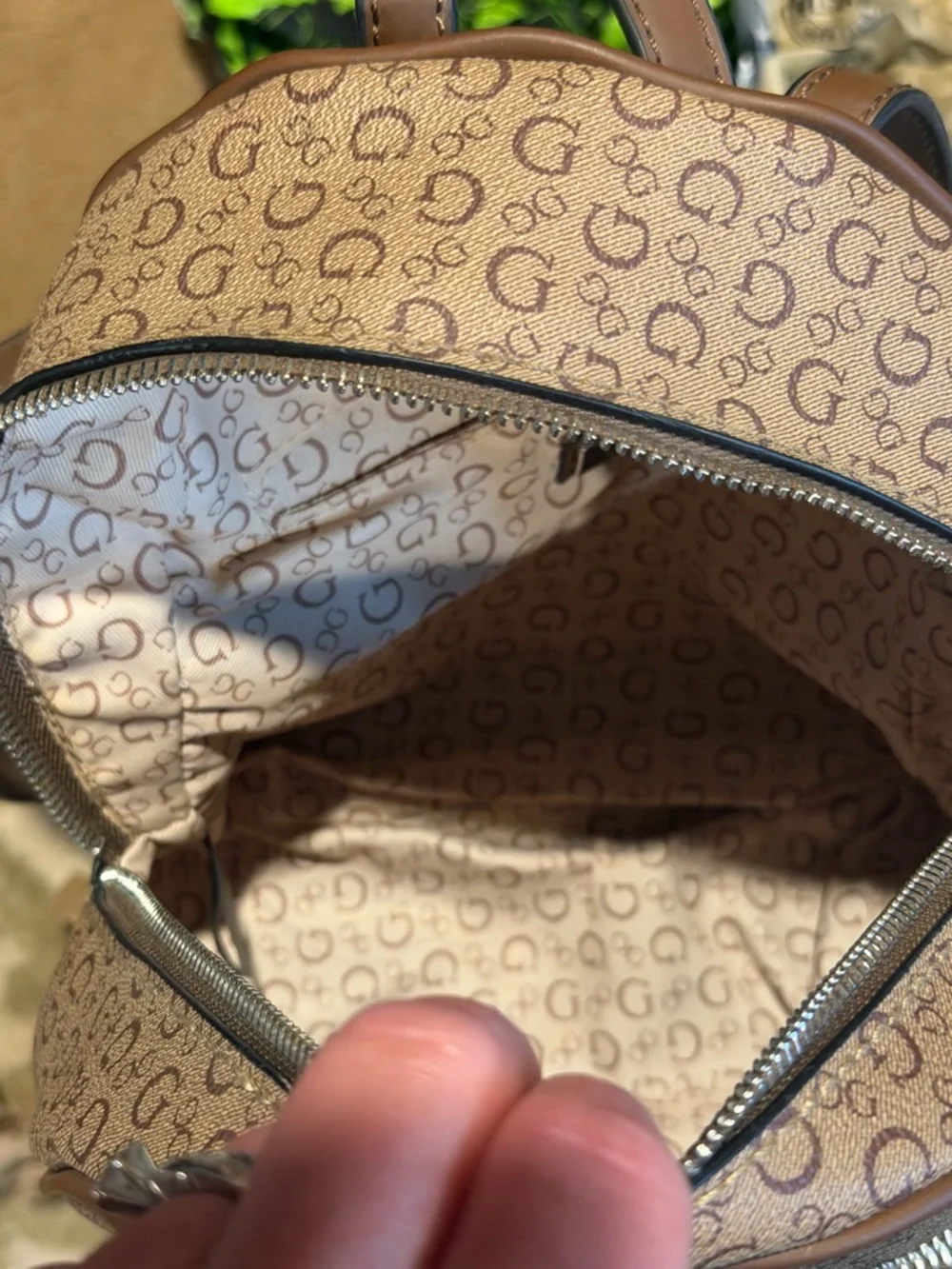 Guess Tan Monogram Mini Backpack